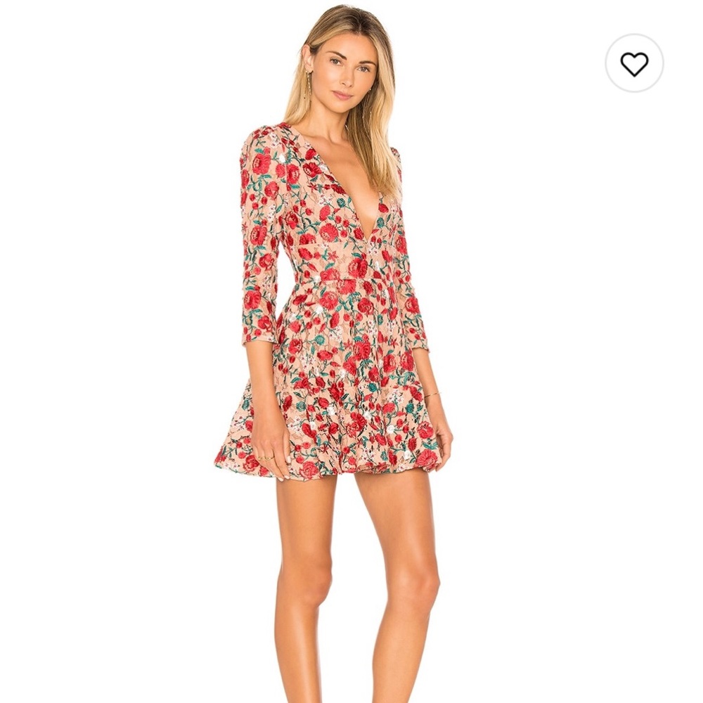 Plunging neckline dress is shaped by feminine floral crochet lace